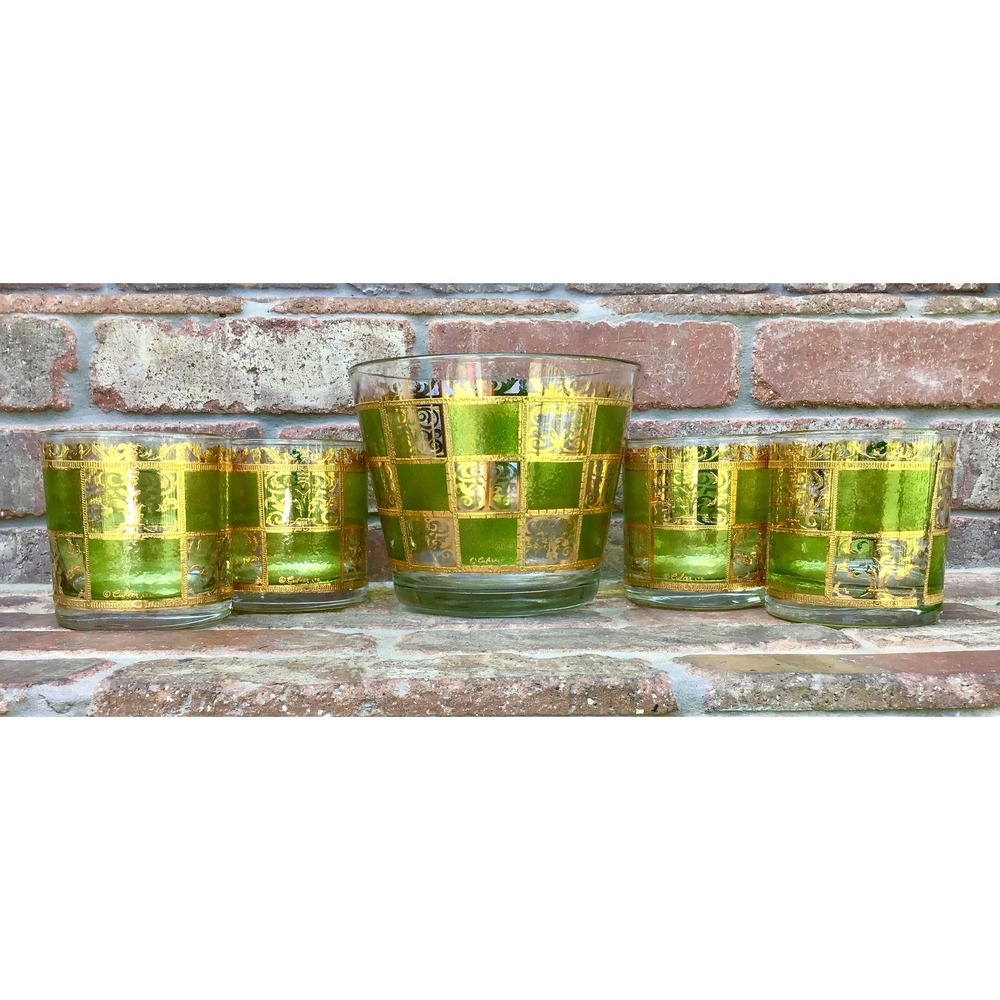 Vtg 60s Culver Prado Green & Gold 22 k Lowball Glasses (4) and Ice Bucket Set